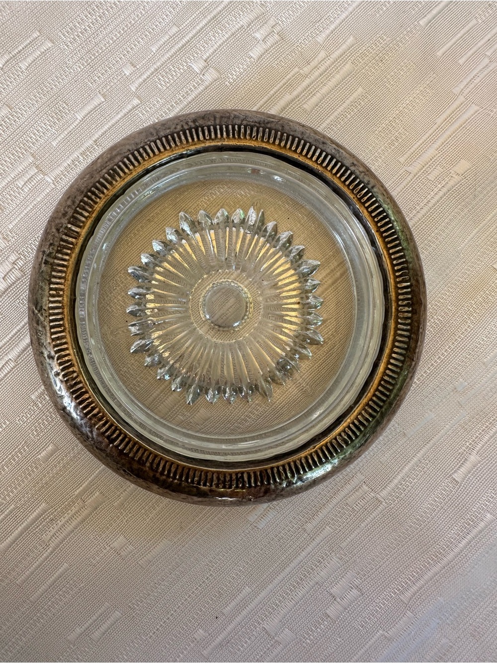 Vintage Glass Ashtray with Silver-Tone Metal Rim 3.75”